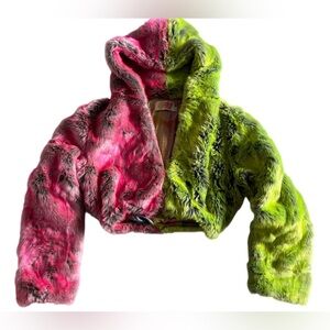 SPVCE ISLAND Vibrant Pink and Green raver Faux Fur cropped Jacket